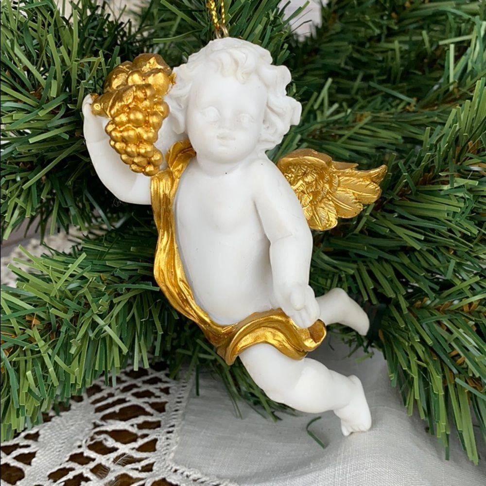 Vintage Christmas Ornament White and Gold Angel